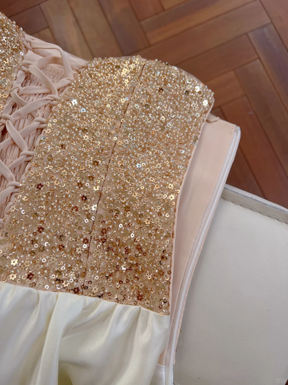 Classy A Line Strapless Satin Sequin Long Prom Dress, Party Dress, Evening Dress GG2611