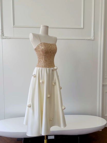 Classy A Line Strapless Satin Sequin Long Prom Dress, Party Dress, Evening Dress GG2611