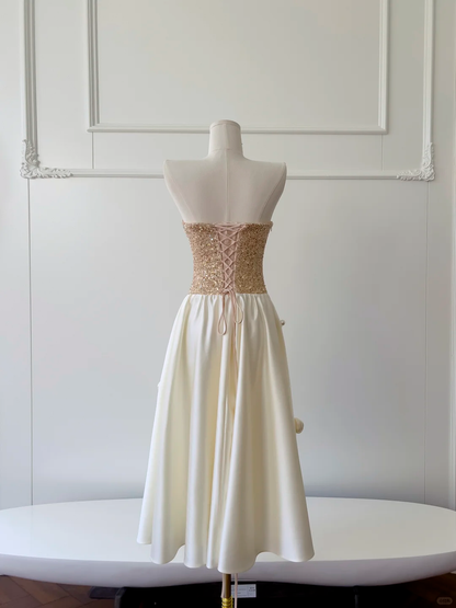 Classy A Line Strapless Satin Sequin Long Prom Dress, Party Dress, Evening Dress GG2611