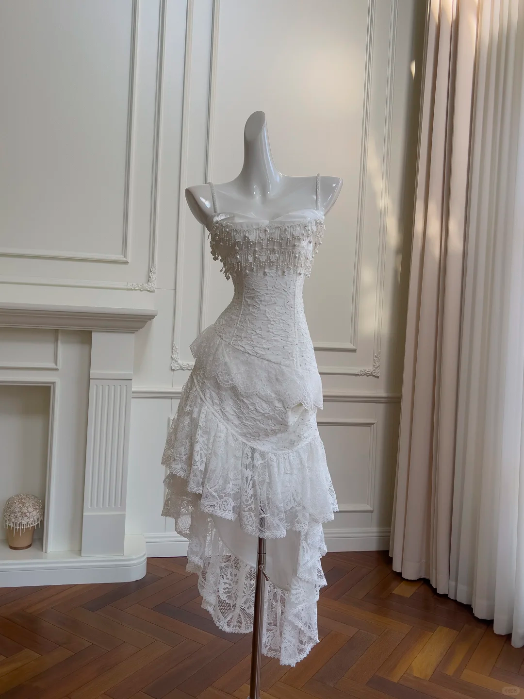 Stunning A Line Spaghetti Straps White Satin Lace Beaded Long Prom Dress, Party Dress, Evening Dress GG2613