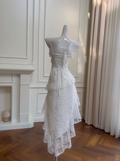 Stunning A Line Spaghetti Straps White Satin Lace Beaded Long Prom Dress, Party Dress, Evening Dress GG2613