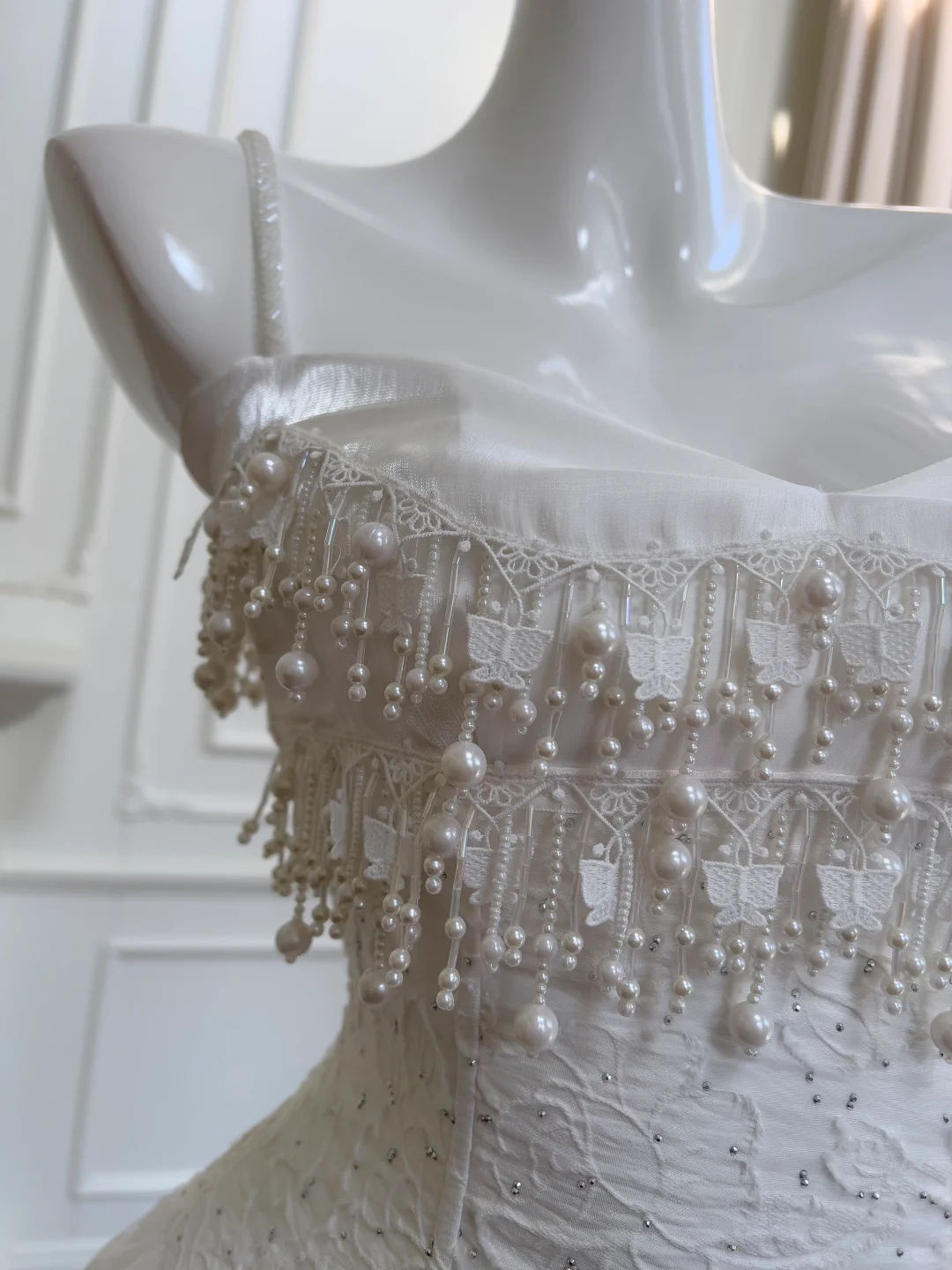 Stunning A Line Spaghetti Straps White Satin Lace Beaded Long Prom Dress, Party Dress, Evening Dress GG2613