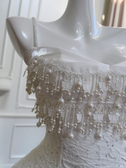 Stunning A Line Spaghetti Straps White Satin Lace Beaded Long Prom Dress, Party Dress, Evening Dress GG2613