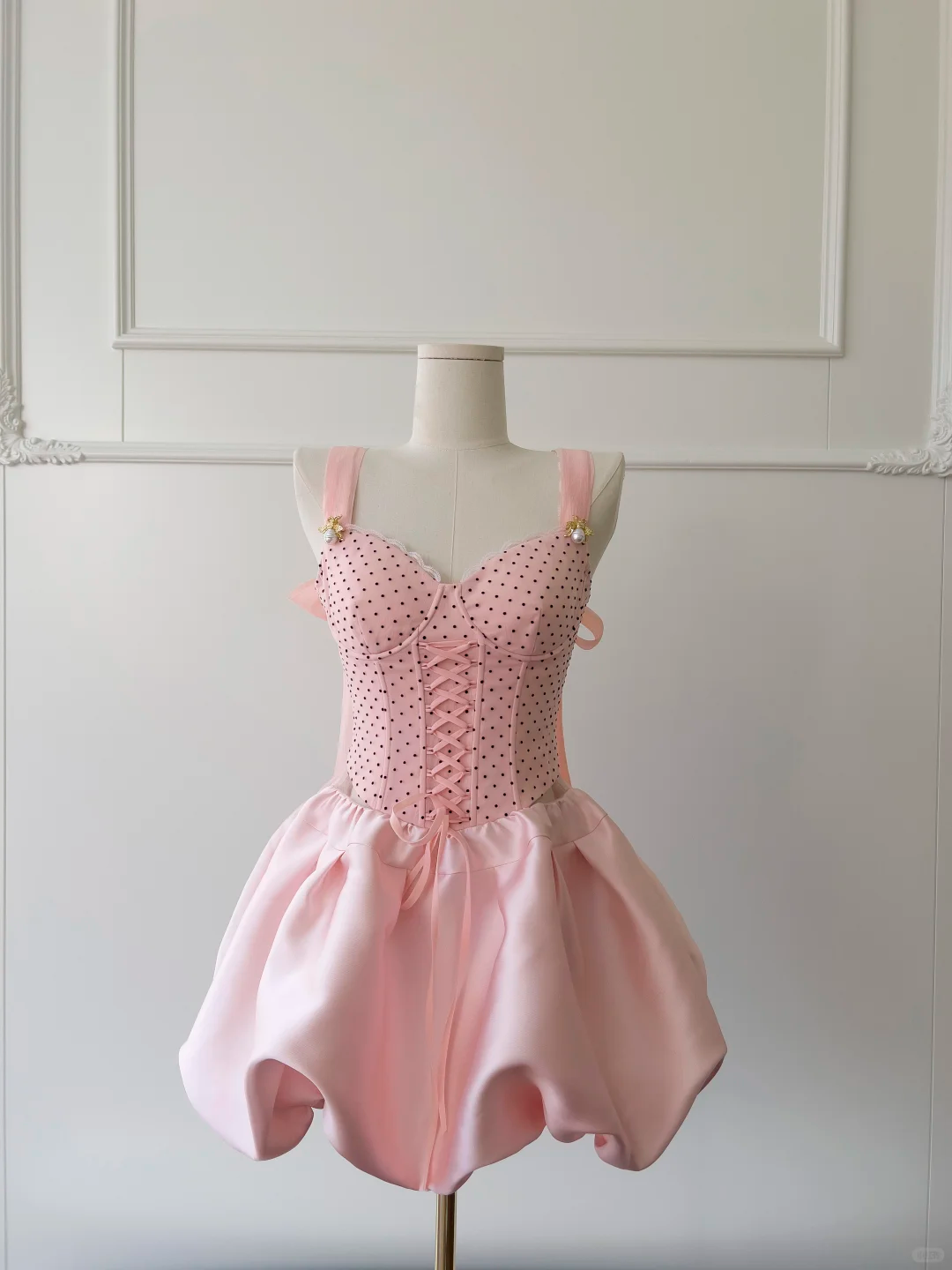 Cute A Line Spaghetti Straps Pink Satin Polka Dots Short Prom Dress,Homecoming Dress,Birthday Dress GG2617