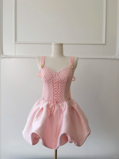 Cute A Line Spaghetti Straps Pink Satin Polka Dots Short Prom Dress,Homecoming Dress,Birthday Dress GG2617