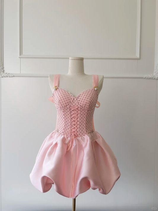 Cute A Line Spaghetti Straps Pink Satin Polka Dots Short Prom Dress,Homecoming Dress,Birthday Dress GG2617