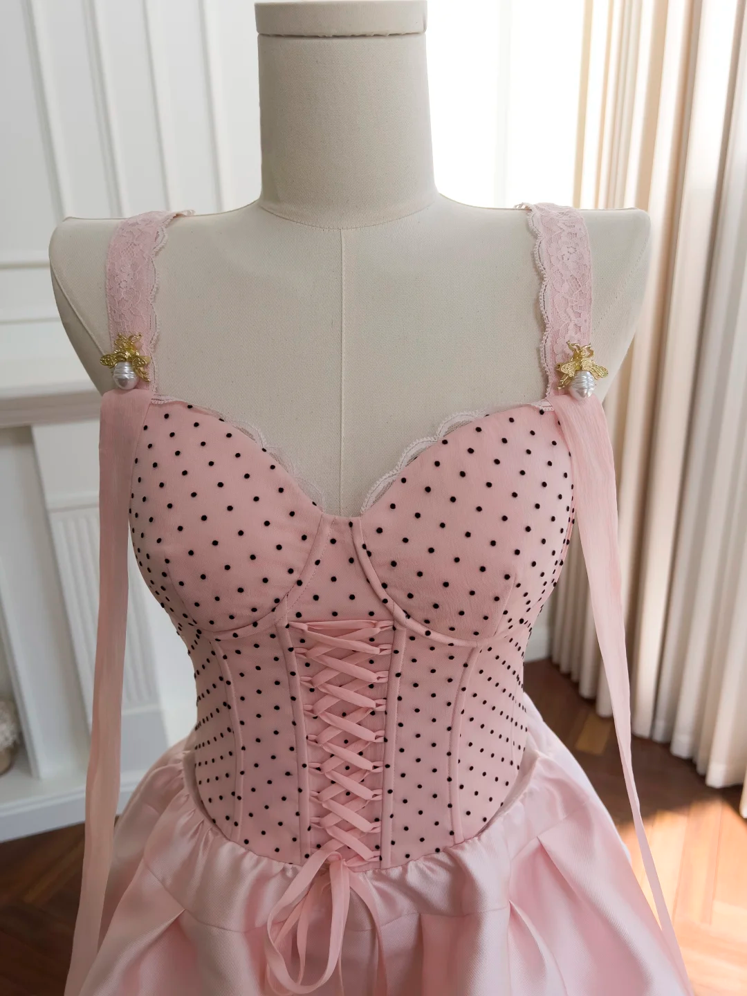 Cute A Line Spaghetti Straps Pink Satin Polka Dots Short Prom Dress,Homecoming Dress,Birthday Dress GG2617