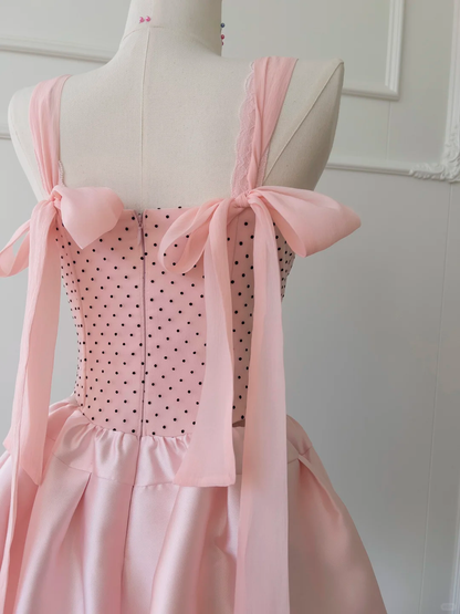 Cute A Line Spaghetti Straps Pink Satin Polka Dots Short Prom Dress,Homecoming Dress,Birthday Dress GG2617
