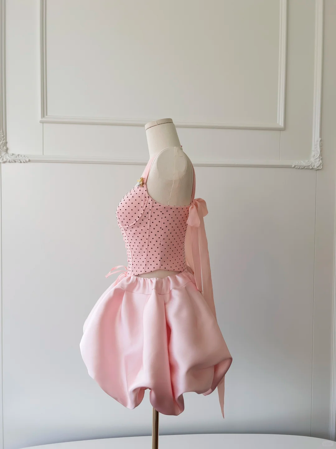 Cute A Line Spaghetti Straps Pink Satin Polka Dots Short Prom Dress,Homecoming Dress,Birthday Dress GG2617