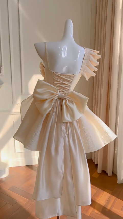 Cute A Line Spaghetti Straps Satin Back With Bow Short Prom Dress,Homecoming Dress,Birthday Dress GG2618