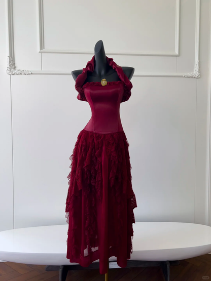 Elegant Mermaid Halter Burgundy Satin Lace Long Prom Dress, Party Dress, Evening Dress GG2619