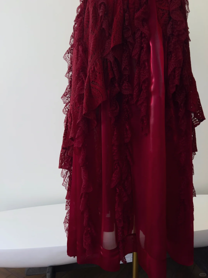 Elegant Mermaid Halter Burgundy Satin Lace Long Prom Dress, Party Dress, Evening Dress GG2619