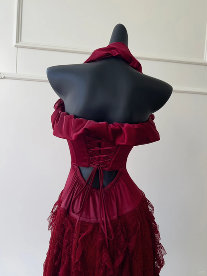 Elegant Mermaid Halter Burgundy Satin Lace Long Prom Dress, Party Dress, Evening Dress GG2619