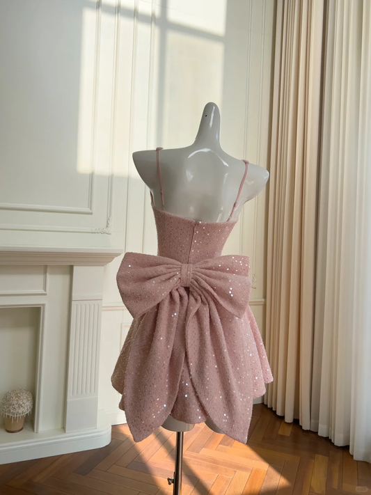 Cute A Line Spaghetti Straps Pink Satin Sequin Back With Bow Short Prom Dress,Homecoming Dress,Birthday Dress GG2621