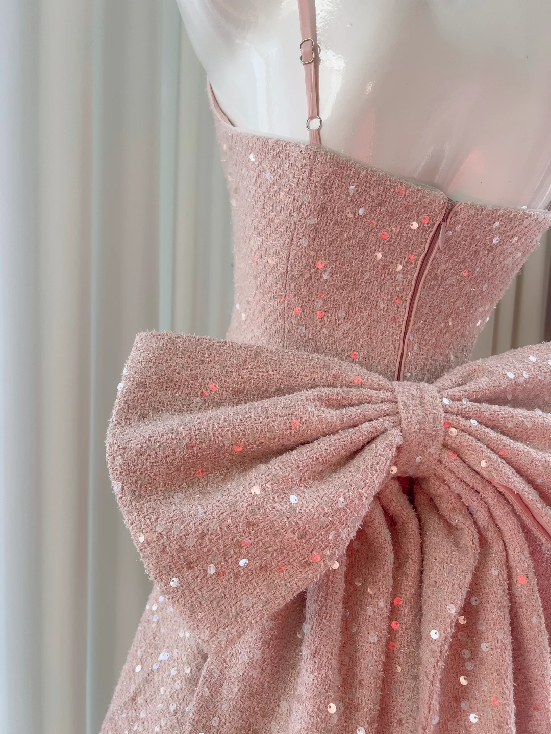 Cute A Line Spaghetti Straps Pink Satin Sequin Back With Bow Short Prom Dress,Homecoming Dress,Birthday Dress GG2621