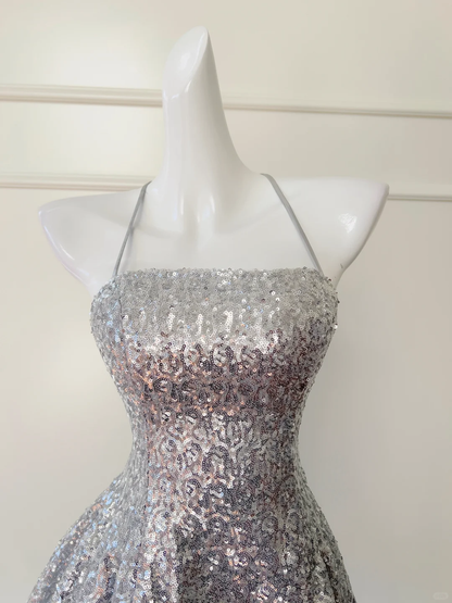 Shiny A Line Halter Silver Sequin Short Prom Dress,Homecoming Dress,Birthday Dress GG2622