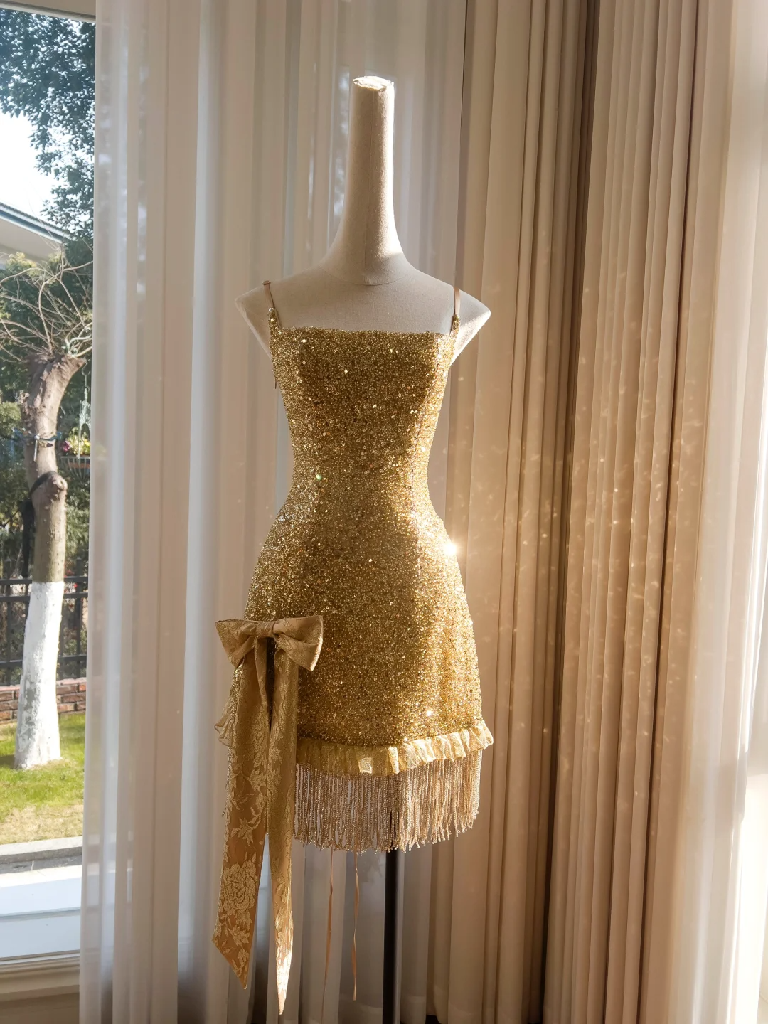 Glitter A Line Spaghetti Straps Golden Sequin Short Prom Dress,Homecoming Dress,Birthday Dress GG2624
