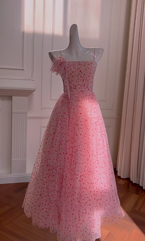 Lovely A Line Spaghetti Straps Chiffon Polka Dot Long Prom Dress, Party Dress, Evening Dress GG2625