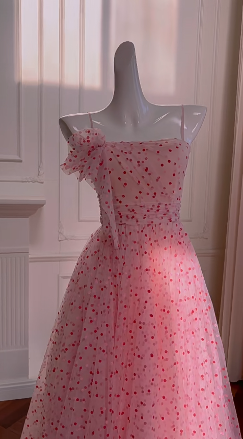 Lovely A Line Spaghetti Straps Chiffon Polka Dot Long Prom Dress, Party Dress, Evening Dress GG2625