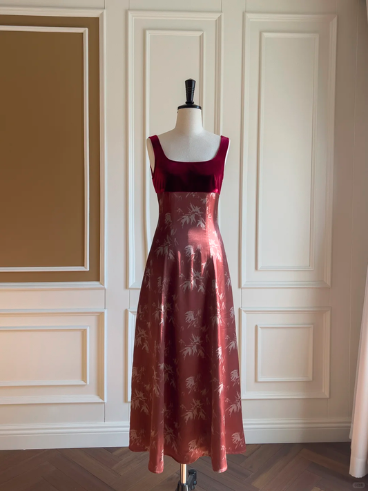 Chic A Line Square Burgundy Satin Printing Long Prom Dress, Party Dress, Evening Dress GG2630