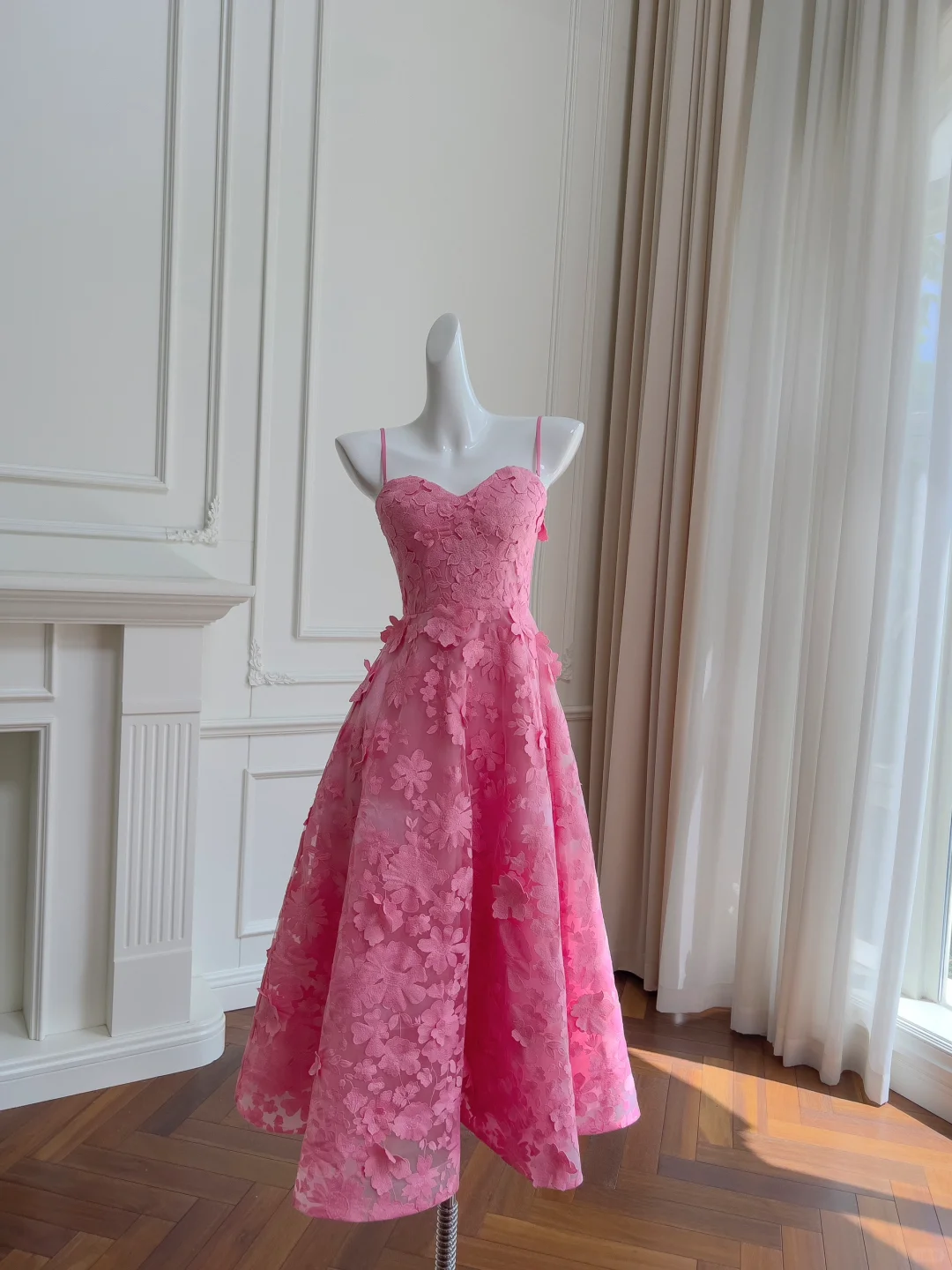 Pretty A Line Spaghetti Straps Hot Pink Tulle Applique Long Prom Dress, Party Dress, Evening Dress GG2637