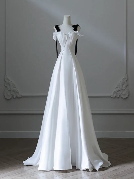 Elegant A Line Sweetheart White Satin With Black Shoulder Straps Long Prom Gresses,Evening Dresses  GG263