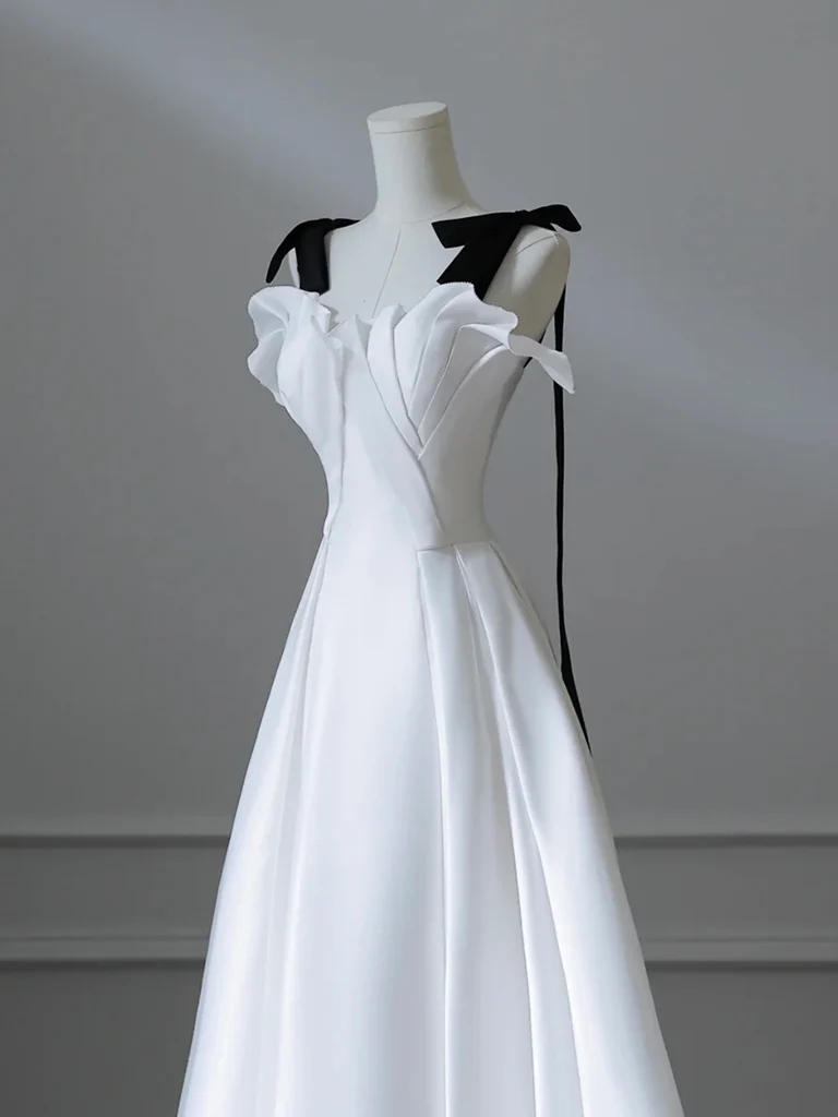 Elegant A Line Sweetheart White Satin With Black Shoulder Straps Long Prom Gresses,Evening Dresses  GG263
