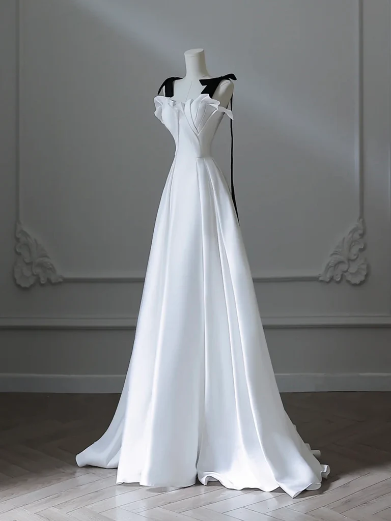 Elegant A Line Sweetheart White Satin With Black Shoulder Straps Long Prom Gresses,Evening Dresses  GG263