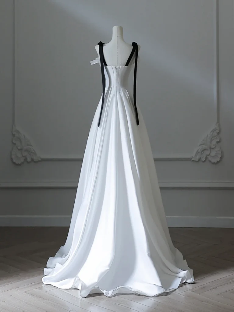 Elegant A Line Sweetheart White Satin With Black Shoulder Straps Long Prom Gresses,Evening Dresses  GG263
