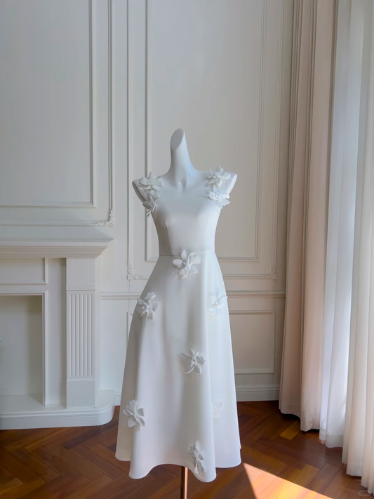 Fairy A Line Square White Satin Applique Long Prom Dress, Party Dress, Evening Dress GG2642