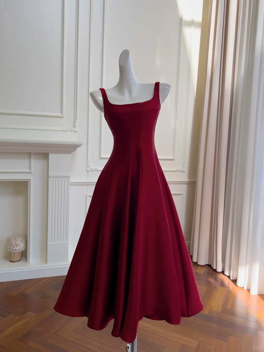 Classy A Line Square Burgundy Satin Long Prom Dress, Party Dress, Evening Dress GG2647