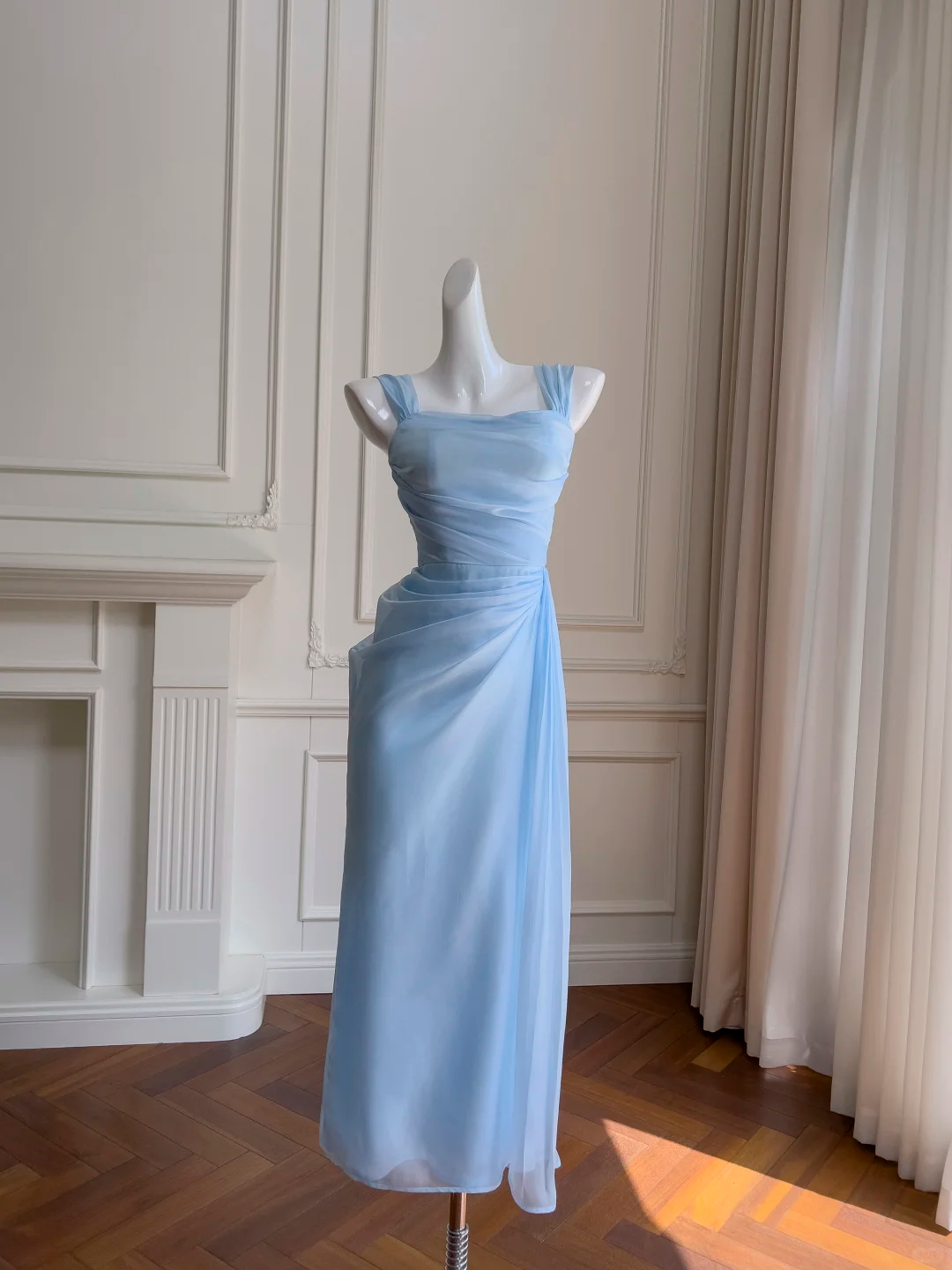 Elegant Mermaid Square Blue Chiffon Pleated Long Prom Dress, Party Dress, Evening Dress GG2649