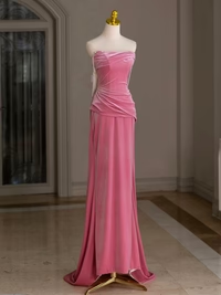 Elegant Mermaid Strapless Dusty Rose Velvet Beading Long Prom Gresses,Evening Dresses  GG264