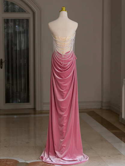 Elegant Mermaid Strapless Dusty Rose Velvet Beading Long Prom Gresses,Evening Dresses  GG264