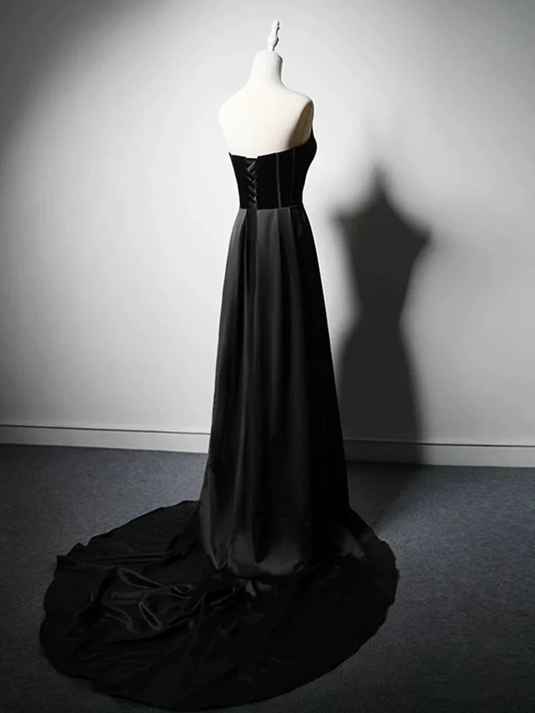 Elegant A Line Strapless Black Satin Sweep Long Prom Gresses,Evening Dresses  GG265