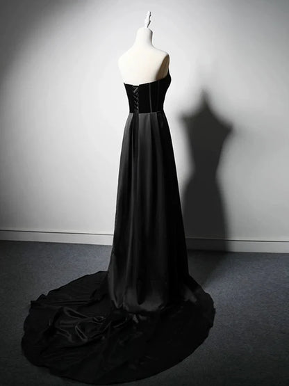Elegant A Line Strapless Black Satin Sweep Long Prom Gresses,Evening Dresses  GG265