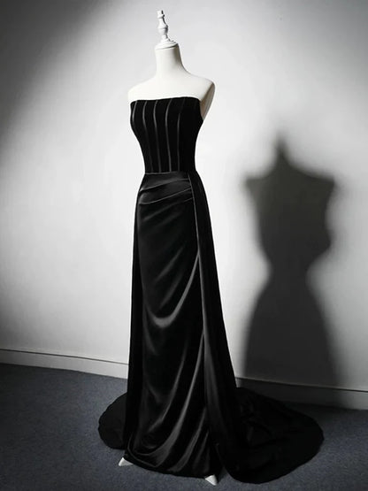 Elegant A Line Strapless Black Satin Sweep Long Prom Gresses,Evening Dresses  GG265