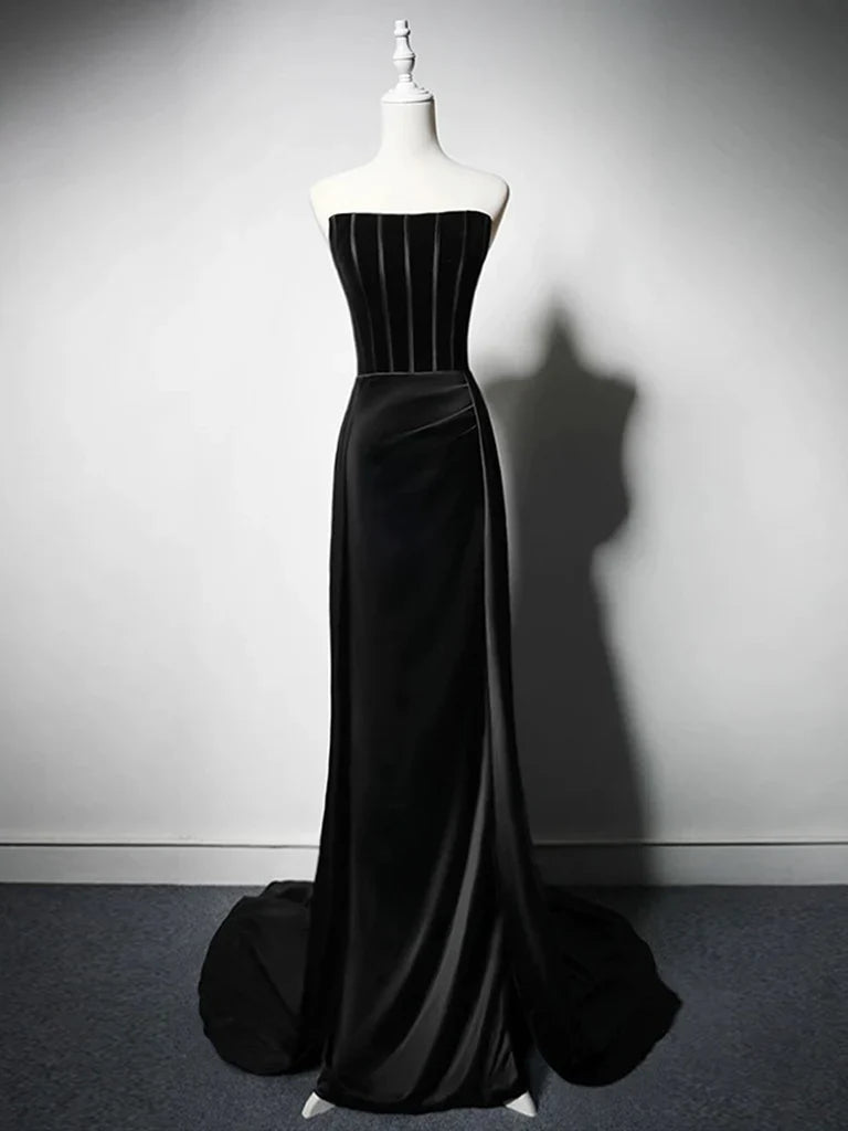 Elegant A Line Strapless Black Satin Sweep Long Prom Gresses,Evening Dresses  GG265
