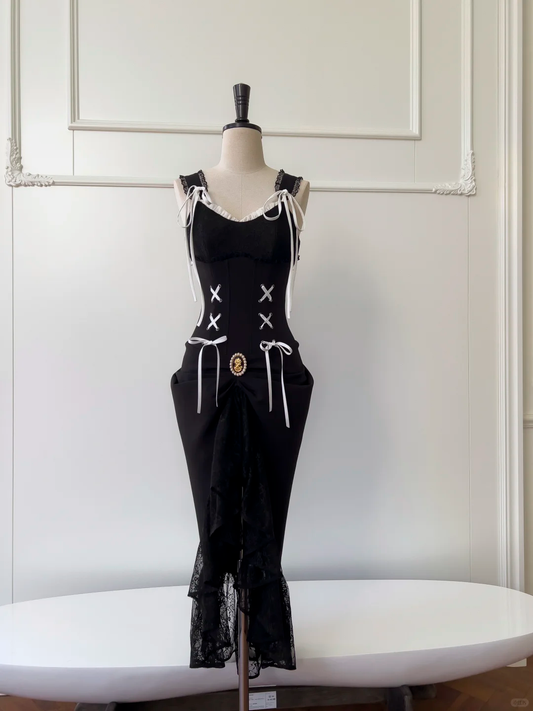 Chic Mermaid Black Satin Lace Long Prom Dress, Party Dress, Evening Dress GG2652