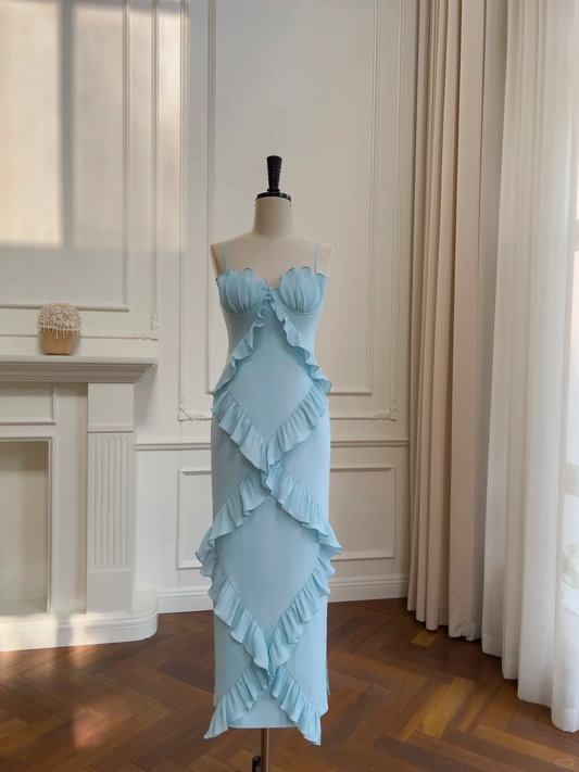 Classy Mermaid Spaghetti Straps Blue Satin Ruffles Long Prom Dress, Party Dress, Evening Dress GG2656