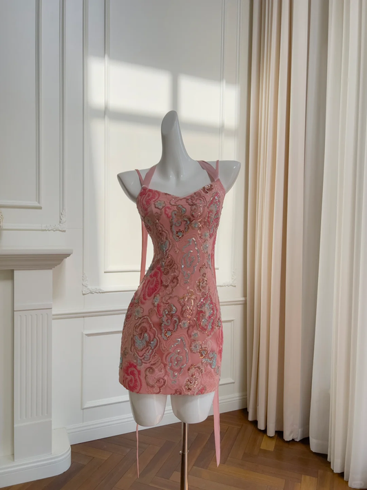 Gorgeous Mermaid Halter Peach Satin Sequin Short Prom Dress,Homecoming Dress,Birthday Dress GG2657