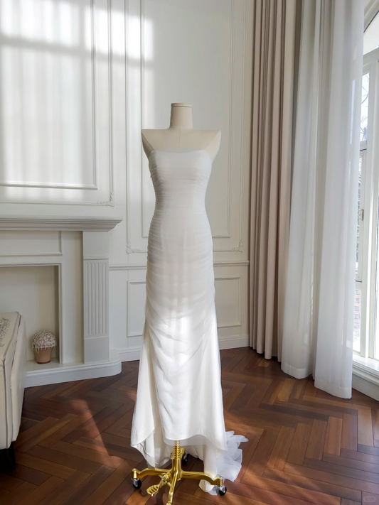 Elegant  Mermaid Strapless White Satin Chiffon Long Prom Dress, Party Dress, Evening Dress GG2658