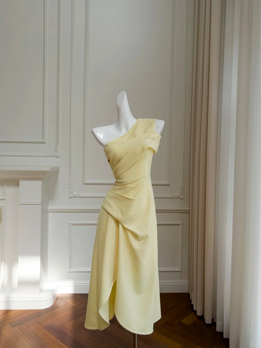 Vintage Mermaid One Shoulder Pastel Yellow Satin Pleated Long Prom Dress, Party Dress, Evening Dress GG2661