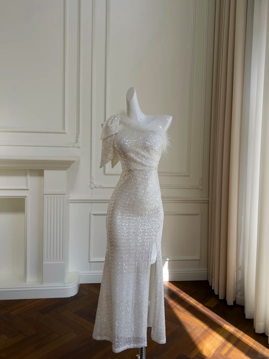 Vintage Mermaid One Shoulder White Satin Sequin Slit Long Prom Dress, Party Dress, Evening Dress GG2663