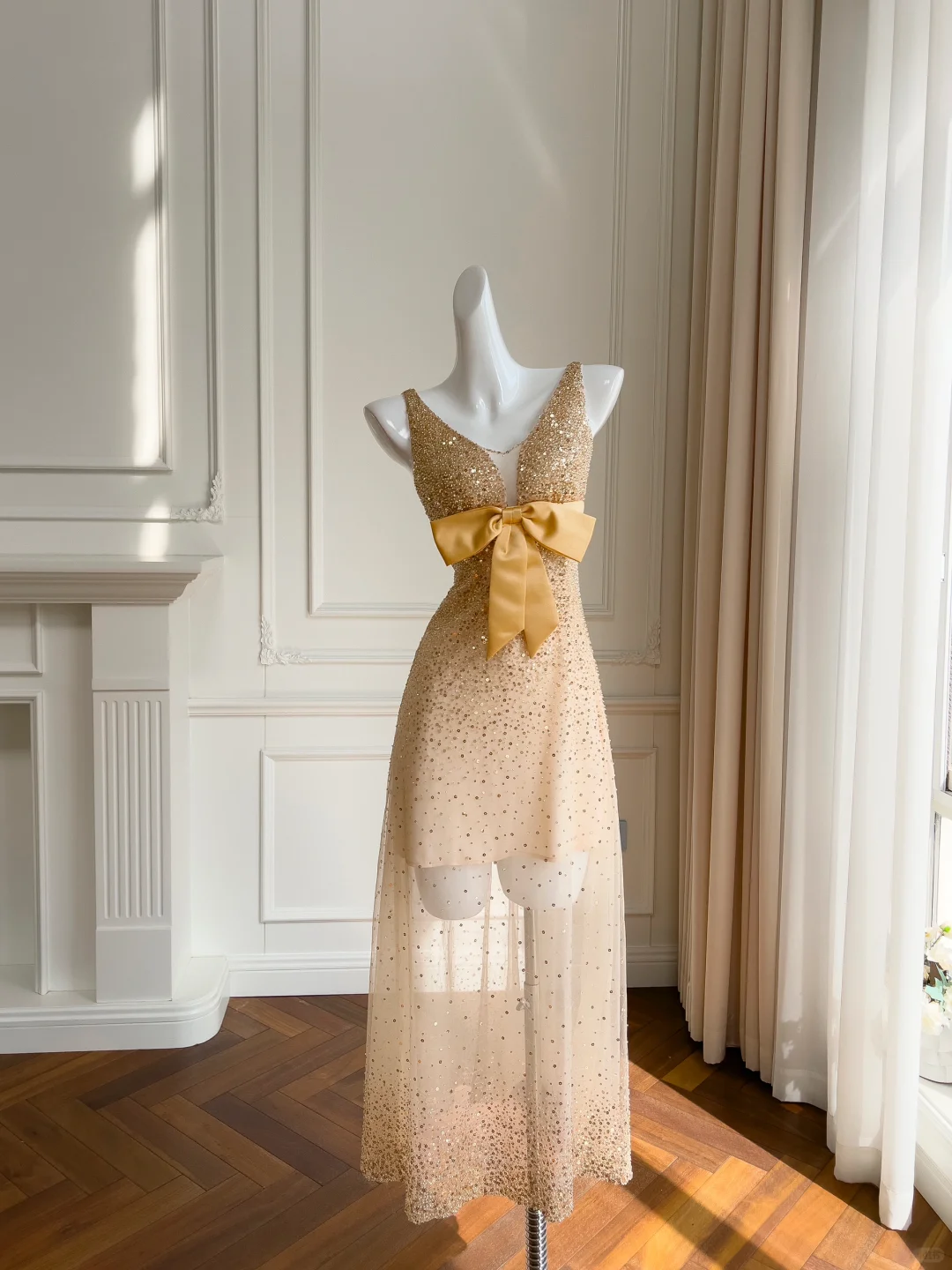 Glitter A Line V Neck Champsgne Satin Tulle Sequin Long Prom Dress, Party Dress, Evening Dress GG2664