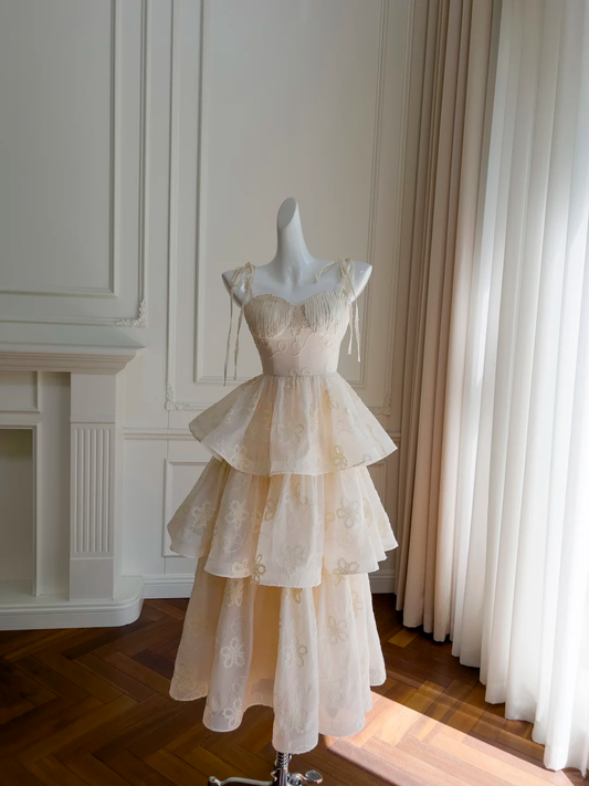 Cute A Line Spaghetti Straps Light Champagne Satin Tiered Long Prom Dress, Party Dress, Evening Dress GG2670