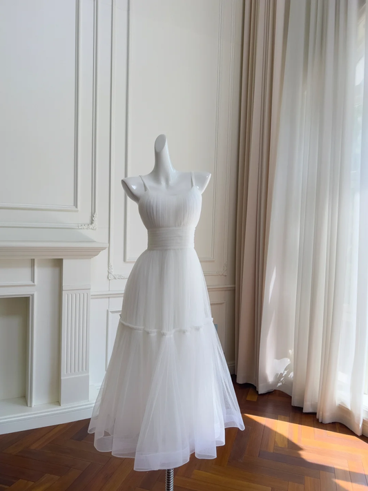 Simple A Line Spaghetti Straps White Tulle Long Prom Dress, Party Dress, Evening Dress GG2677