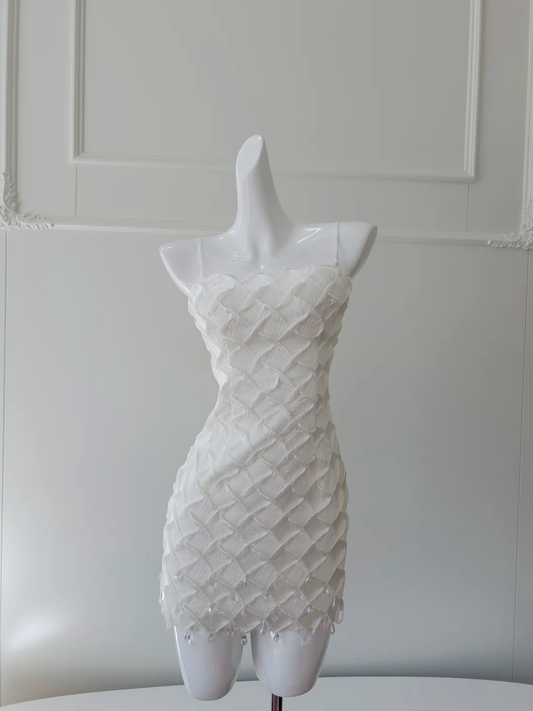 Unique Mermaid Spaghetti Straps White Satin Stone Short Prom Dress,Homecoming Dress,Birthday Dress GG2678