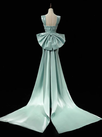 Simple A Line Square Satin With Bow Train Long Prom Gresses,Evening Dresses  GG267