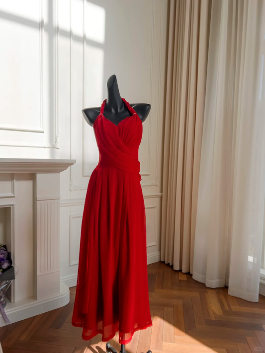 Classy A Line Halter Red Chiffon Long Prom Dress, Party Dress, Evening Dress GG2683
